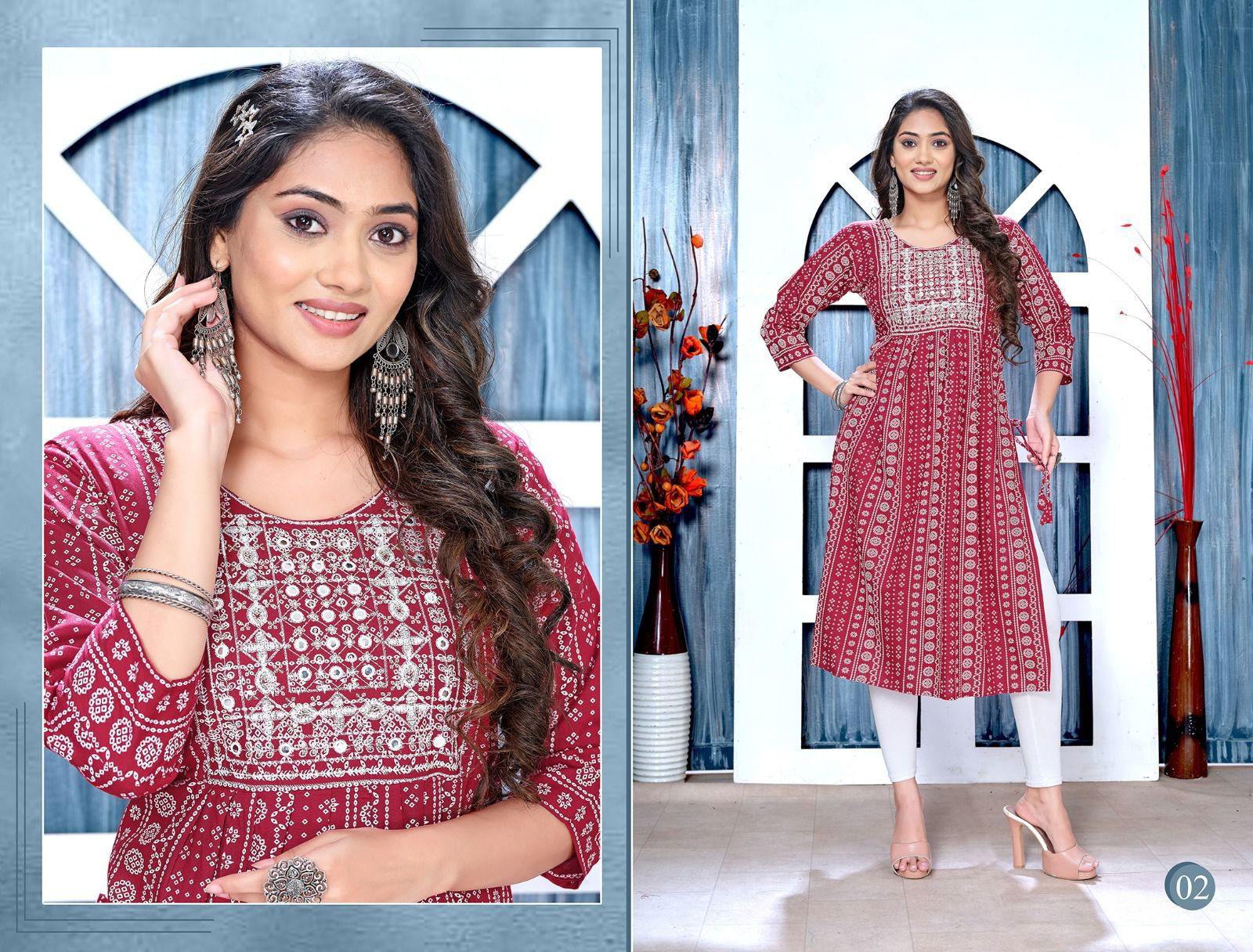 Golden Blissfull 2 Rayon Printed Flared Naira Cut  Kurti Catalog
